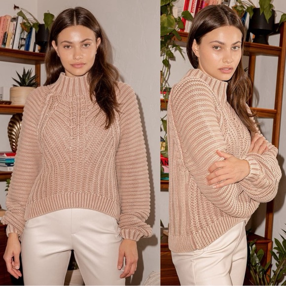 Free People Sweetheart Chunky Knit Mock Neck Oversized Sweater Large Tan Nude - Picture 4 of 16